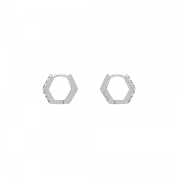 Pendientes Aro Mini Hexagon de Plata con Circonitas Blancas