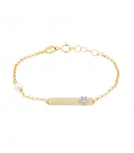 Pulsera Infantil Chapa Oro con Eguzkilore Oro Blanco y Perla Personalizable