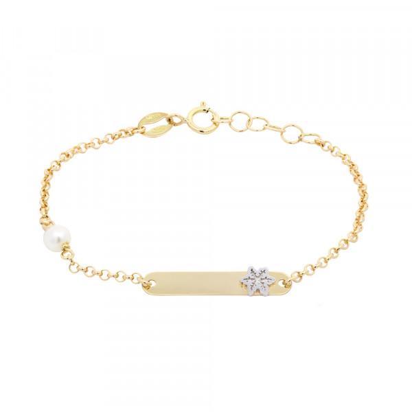 Pulsera Infantil Chapa Oro con Eguzkilore Oro Blanco y Perla Personalizable