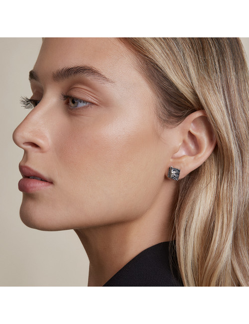 Pendientes Plata Ley 925m Cuadrados Esmalte Rosa Blanco 10x10mm. Mujer Cierre Presión