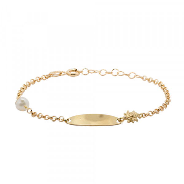 Pulsera Identidad Ovalada de Plata Dorada y Perla Personalizable