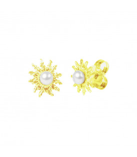 Pendientes Eguzkilore Plata Dorada y Perla 14mm