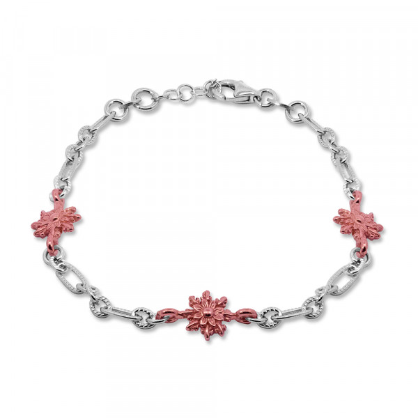 Pulsera de Plata con 3 Eguzkilore Rosas y Eslabones Grafilados