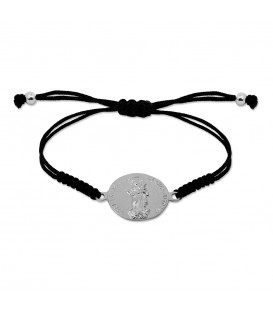 Pulsera Redonda Virgen Blanca de Plata con Hilo Negro Personalizable