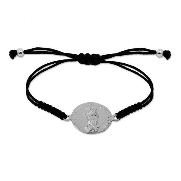 Pulsera Redonda Virgen Blanca de Plata con Hilo Negro Personalizable