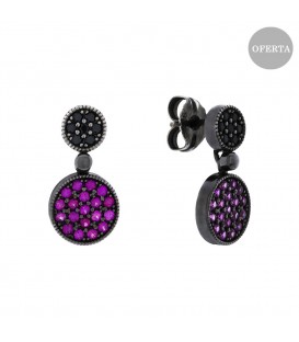 Pendientes Two Largos Plata Negra con Circonitas Fucsias Joyerías Eguzkilore